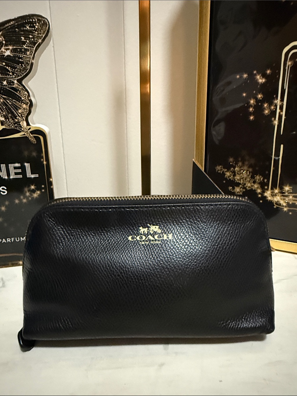 Coach Black Pebbled Leather Toiletry Case with Gold Logo